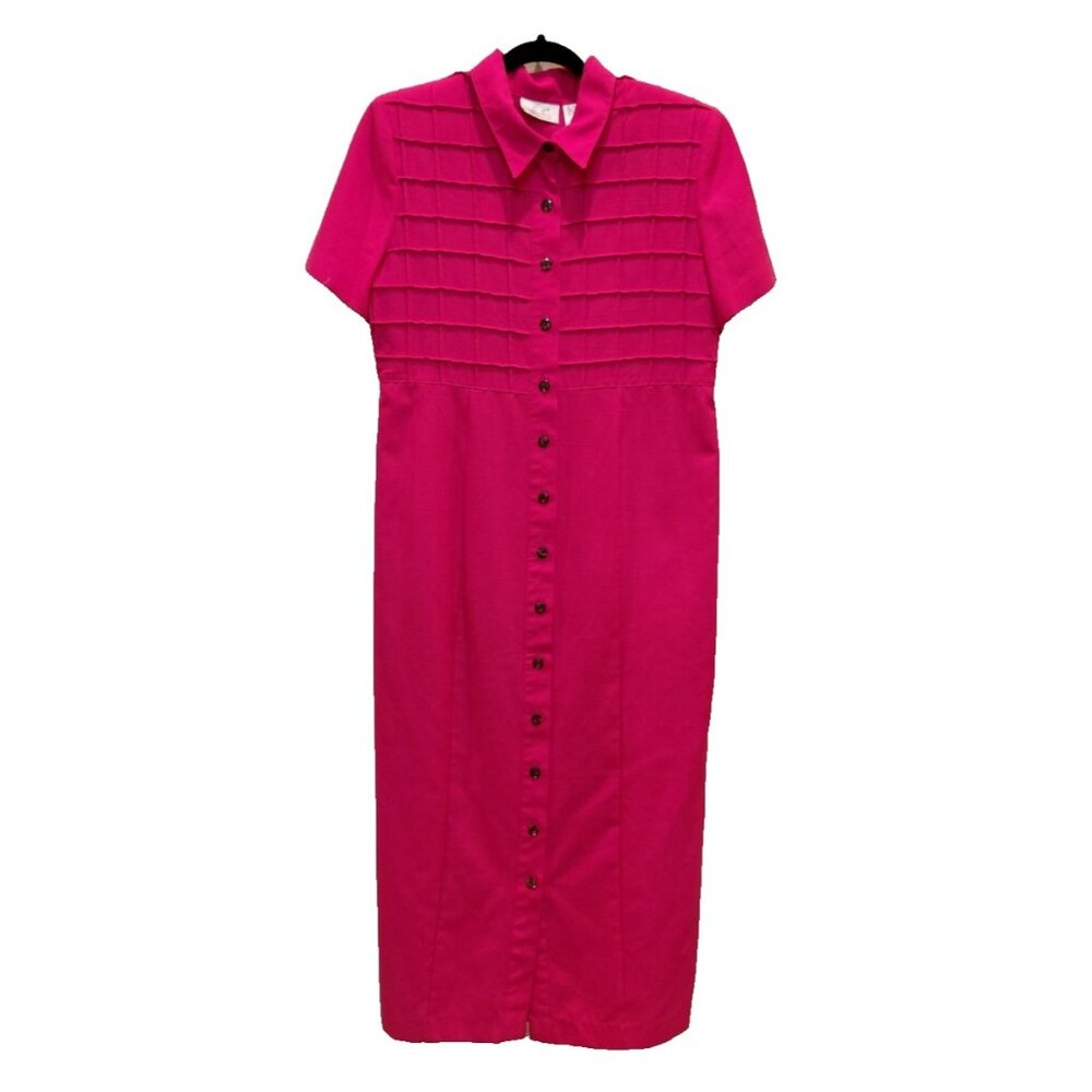 Vtg 90s Kathie Lee Collection Button Front Pencil Midi Dress Hot Pink Sz 12